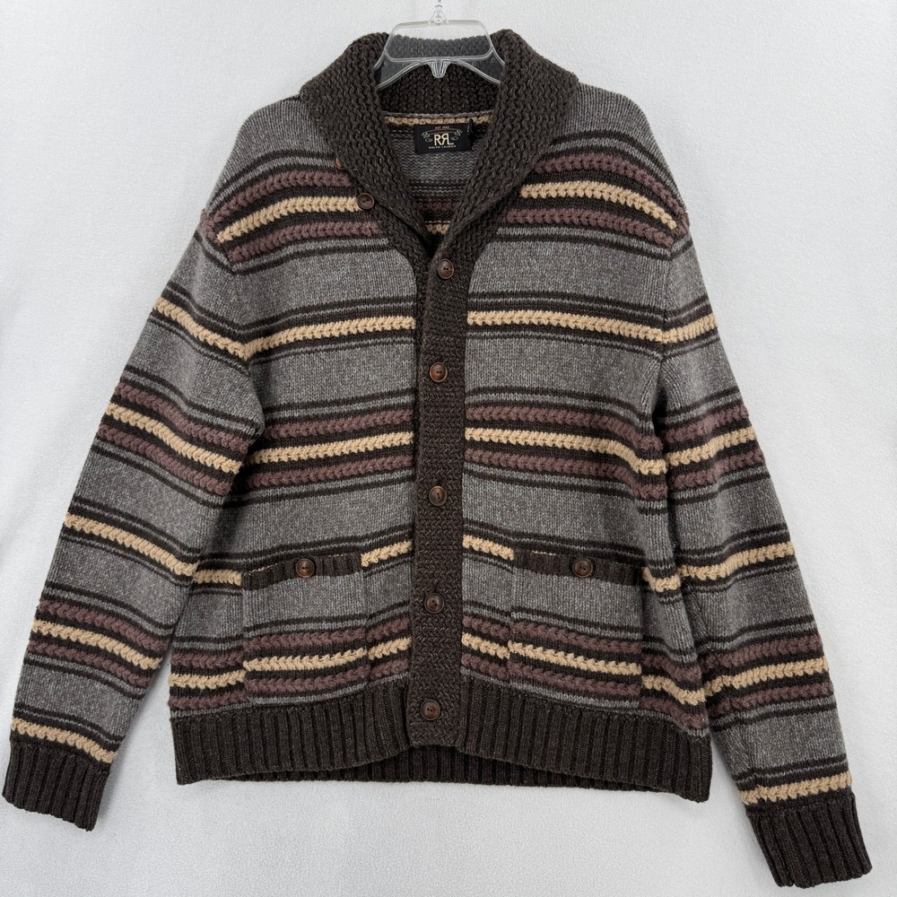 RRL Shawl Collar Cardigan Mens XL Gray Brown Striped Wool Linen Sweater